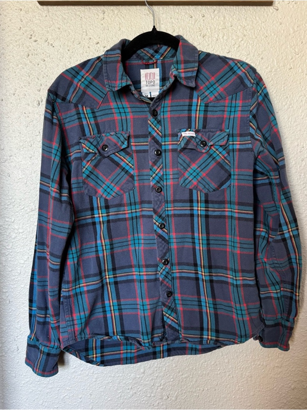 Topo Designs Men's Teal and Red Plaid Button-Down Shirt